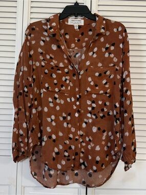 Cloth & Stone Brown Polka Dot Button-Up Collared Rayon Blouse Long Sleeve L